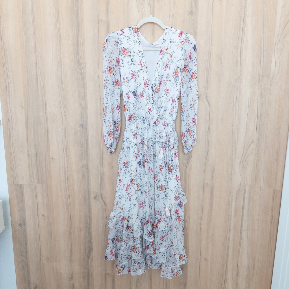 Eva Mendes Floral Maxi Dress S Tall White Ruffle Tiered Cottage Romantic Boho